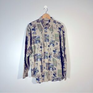 Bugle Boy Company Vintage Beige Nature Pattern Button Down Shirt XL